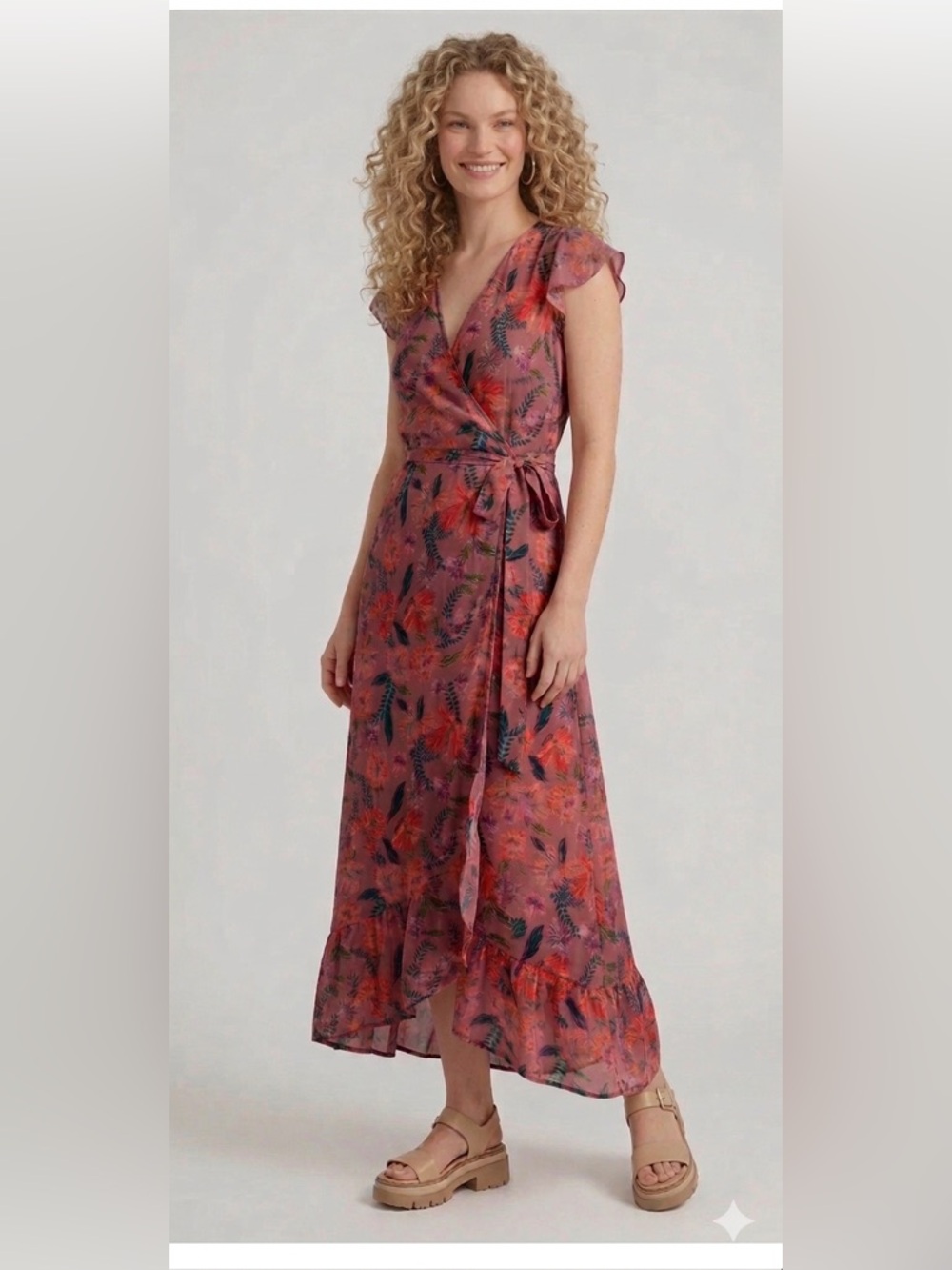 Floral Faux Wrap Maxi Dress Flutter Sleeve Boho Romantic Soft Pink Extra Small - Picture 2 of 16